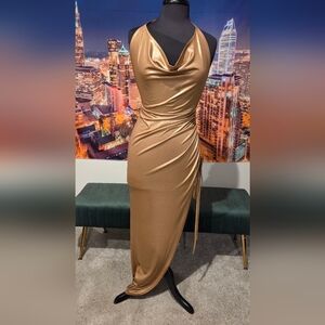 Gold Ruched Side-Tie Maxi Dress - Women